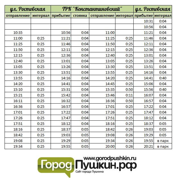 Расписание автобуса от микрорайона "Славянка" Пушкинского района до ТРК "Константиновский" г. Пушкин